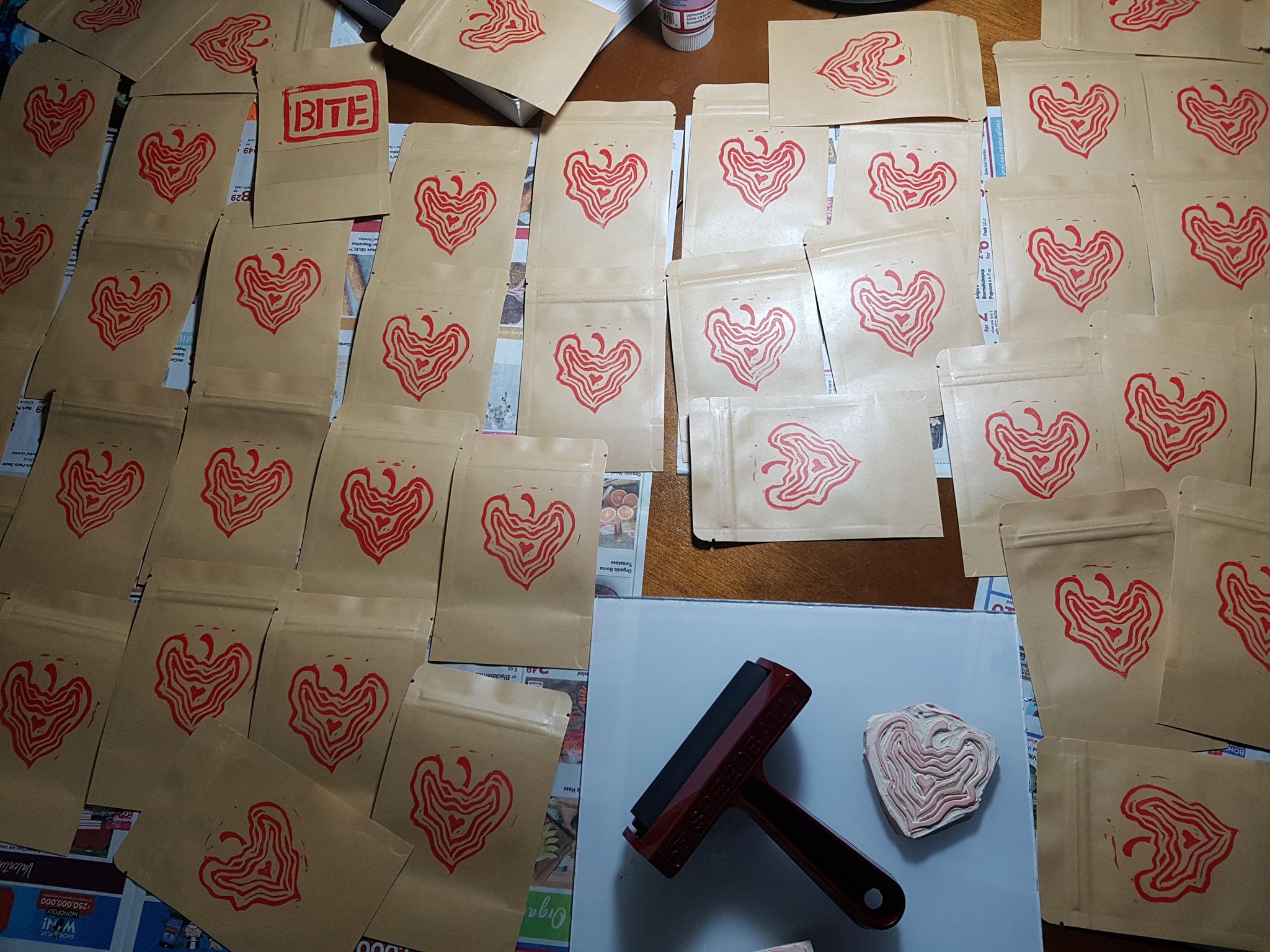 hand printing our packaging.