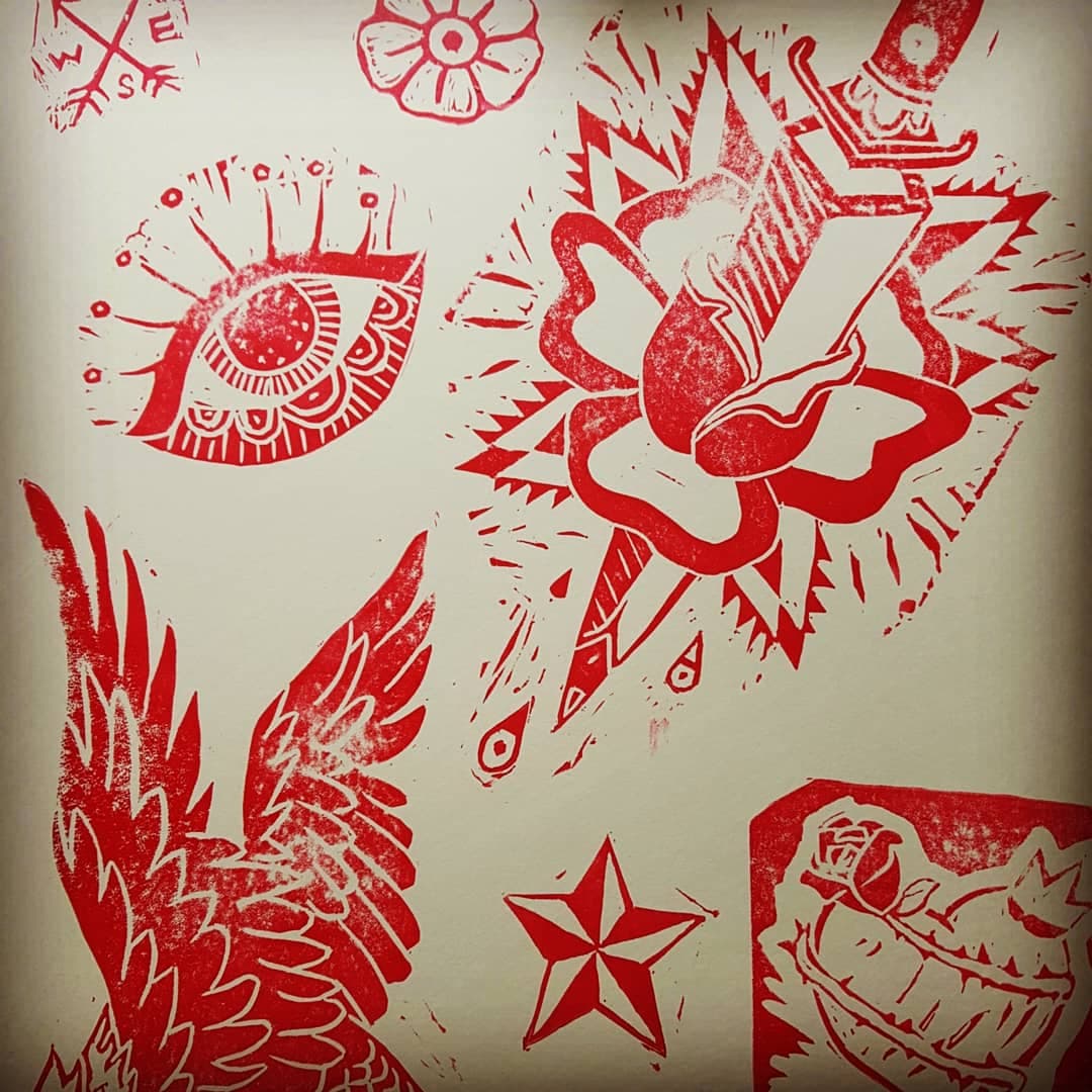 block prints of traditional american tattoos.